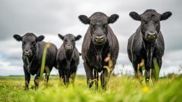 Four Black Angus Cattle Standing in a Green Pasture Grazing on a Cloudy Day photo