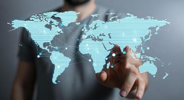 Global Digitalization Concept Man Interacting with a Futuristic World Map Display, Showcasing Global Connectivity and Technological Advancement photo