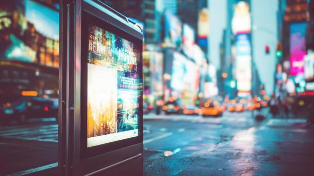 Digital Billboard Display in Times Square, New York City at Dusk, Featuring Bright Lights and Traffic photo