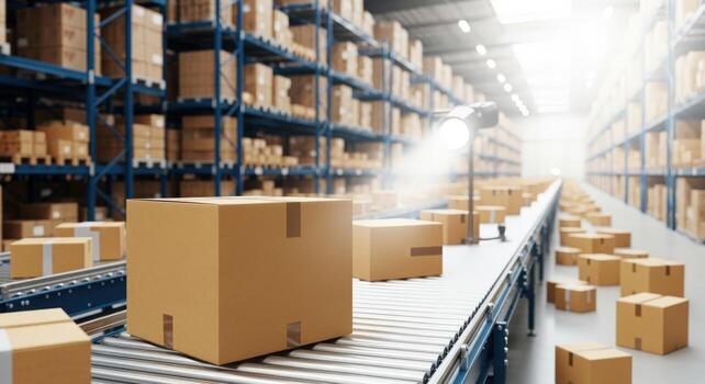 Warehouse Conveyor System with Cardboard Boxes for Shipping and Distribution in a Logistics Center photo