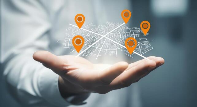 Hand Holding Holographic City Map with Navigation Pins, Representing Route Planning and Location Services photo