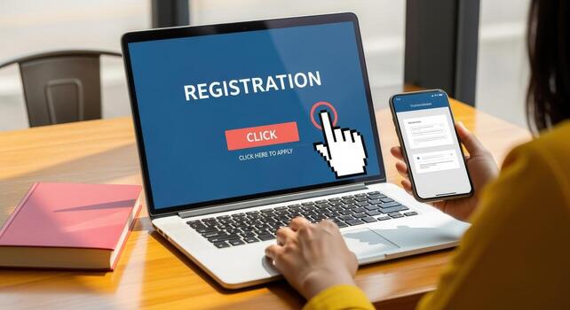 Online Registration Process on Laptop and Smartphone User Completing Form, Clicking Button photo