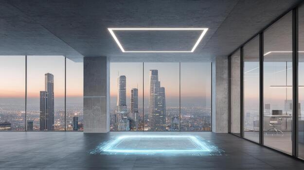 Modern Office Space with City View and Virtual Reality Interface, High-Rise Building, Urban Scene photo