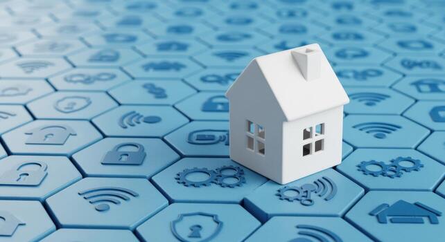 Smart Home Technology Concept White House Model on a Patterned Surface Representing Automation and Connectivity photo