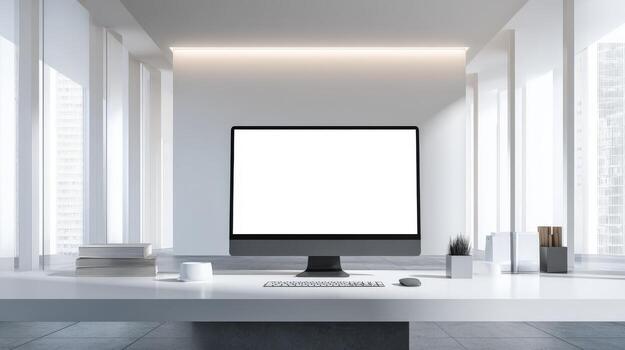 Modern Minimalist Workspace with Blank Computer Screen and City View, Ideal for Business Mockups photo