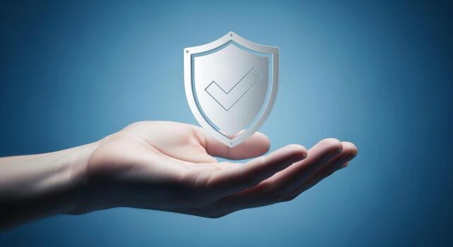 mano presentación proteger con marca de verificación símbolo de proteccion, seguridad, y verificación en azul degradado antecedentes foto
