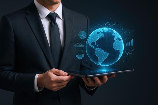 Global Business Connection Businessman Using Tablet with World Map and Data Visualization for International Strategy photo