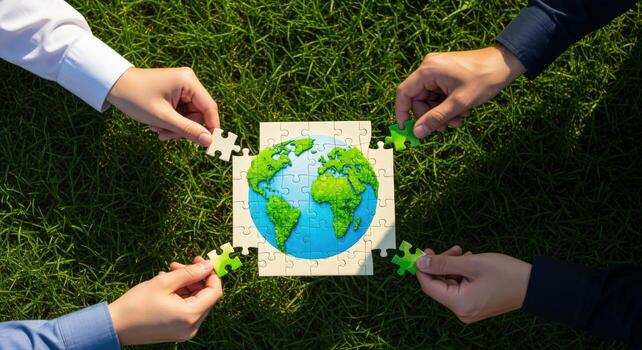 Hands Joining Earth Puzzle Pieces on Green Grass Symbolizing Environmental Unity and Global Collaboration photo