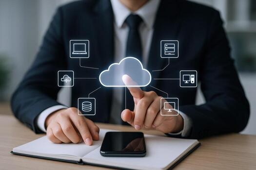 Cloud Computing Concept Businessman Pointing at a Cloud Icon with Connected Digital Devices and Smartphone photo