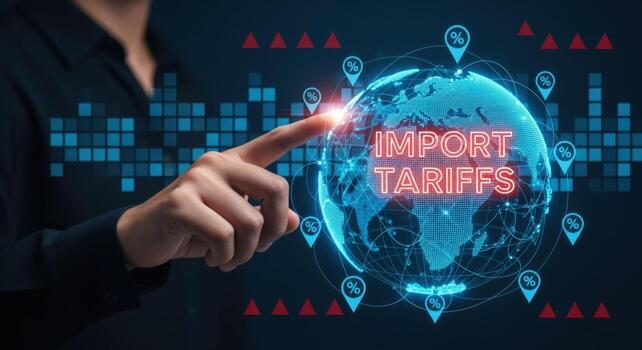 Global Import Tariffs Conceptual Illustration Hand Pointing to Digital Globe Highlighting International Trade Regulations photo