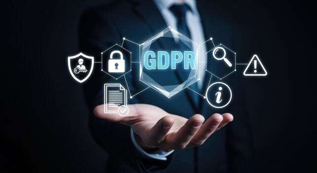 Data Protection Concept Businessman Holding GDPR Compliance Icons in Hand, Representing Digital Security and Privacy photo