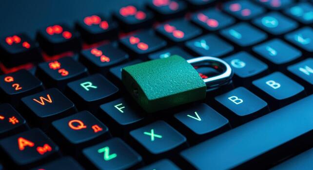 Cyber Security Concept Padlock Securing Data on Laptop Keyboard, Digital Protection and Online Safety photo