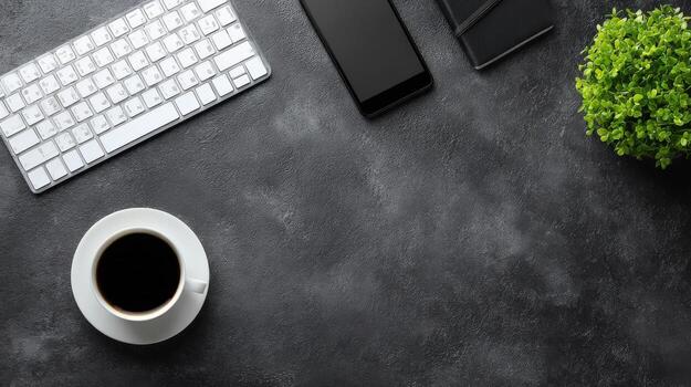 Workspace Mockup with Coffee, Keyboard, and Plant on Dark Surface for Business Presentation photo