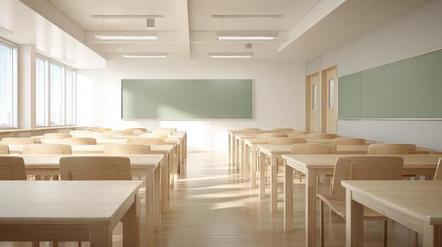 Empty Classroom with Desks and Chalkboard in Natural Light, Representing Education and Learning Spaces photo