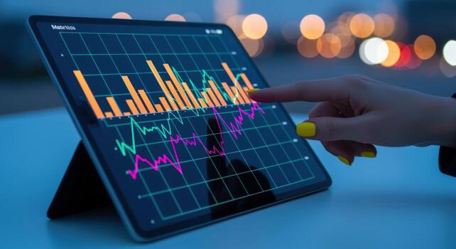 Tablet Displaying Financial Data and Charts with Hand Pointing, Analyzing Stock Market Performance, Investment Strategy photo