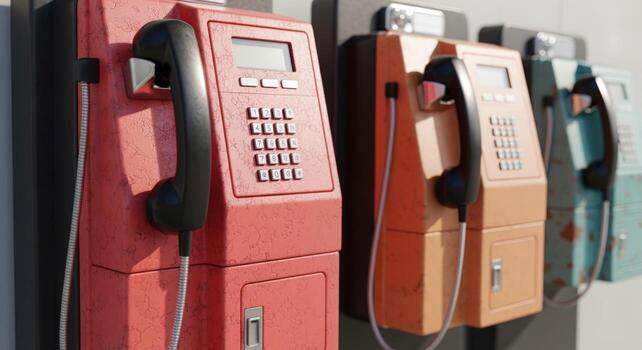 Retro Public Payphones in a Row, Communication Concept, Urban Scene, Various Colors, Close Up photo