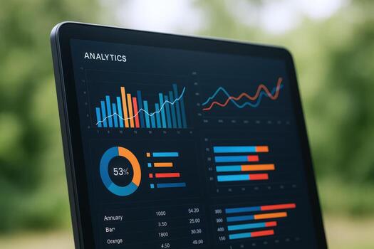 Tablet Displaying Data Analytics Charts and Graphs for Business Intelligence Against a Green Bokeh Background photo
