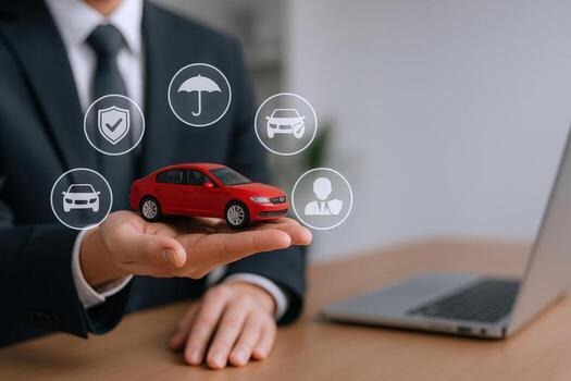 Car Insurance Concept Businessman Holding a Red Car with Protective Icons Displaying Security and Coverage Options photo