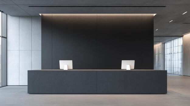Modern Reception Area with Dark Counter, Monitors, and Bright Lighting in a Contemporary Office Lobby photo