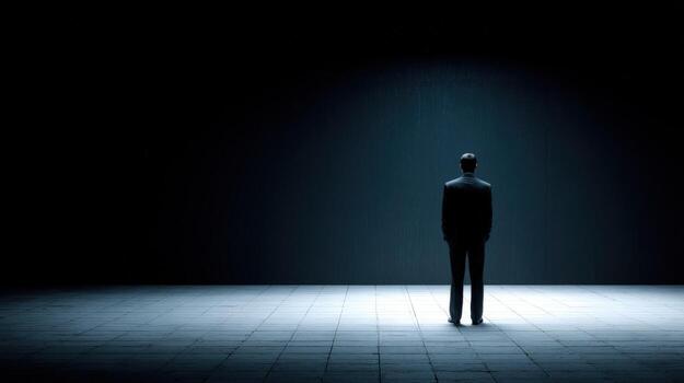 Figure in Spotlight Solitude and Focus in a Minimalist Setting, Exploring Themes of Individuality and Uncertainty photo