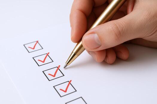 Checklist Completion Hand Marking Boxes with Pen on White Paper for Task Management photo