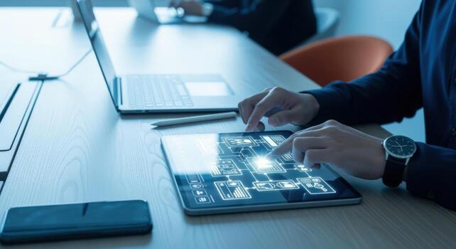 Digital Transformation Businessman Interacting with Futuristic Interface on Tablet, Laptop and Office in Background photo