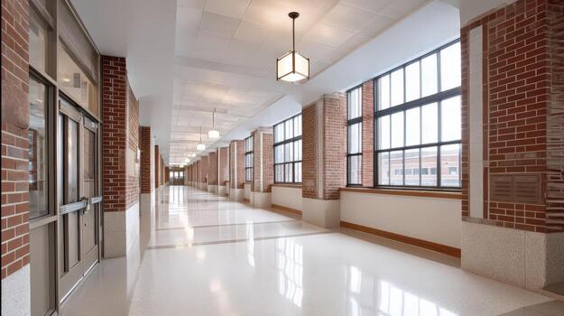 Bright School Hallway with Brick Columns and Natural Light Illuminating a Clean, Tiled Floor photo