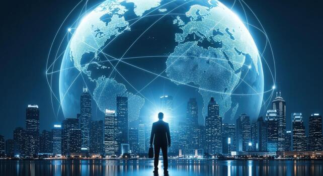 global conectividad empresario mirando a un futurista paisaje urbano con interconectado mundo red, enfatizando internacional negocio foto