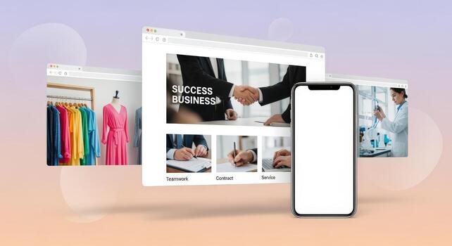 Mockup of Phone with Browser Windows Displaying Business and Fashion Content for UI Presentation photo