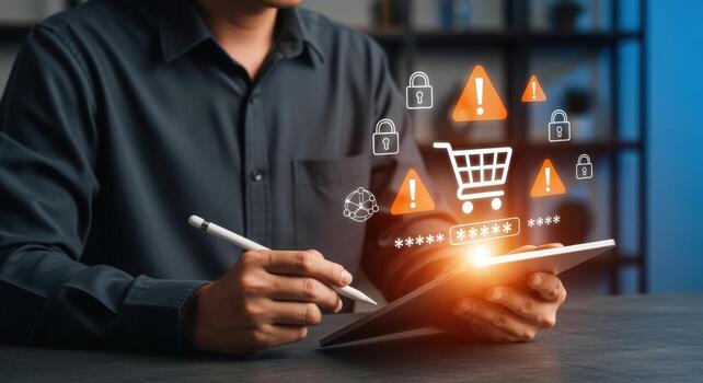 Online Shopping Security Concept Man Using Tablet with Security Icons and Warning Signs photo