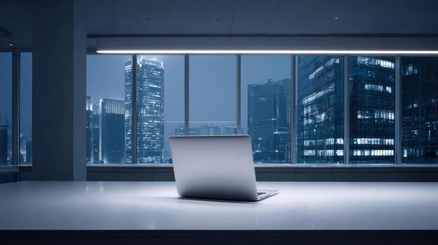 ordenador portátil en escritorio con paisaje urbano ver a noche - negocio, tecnología, y moderno espacio de trabajo foto