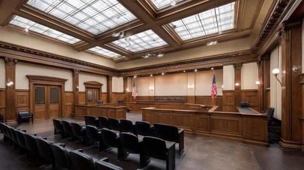 Empty courtroom showcases architectural details and flags, symbolizing law, justice, and legal proceedings in a formal setting photo
