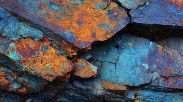Abstract Rock Formation with Blue and Orange Patina, Close-Up Geological Texture for Background photo