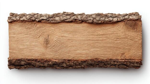 Rustic Wooden Plank with Bark Edges, Ideal for Product Mockups and Text Overlays on White Background photo