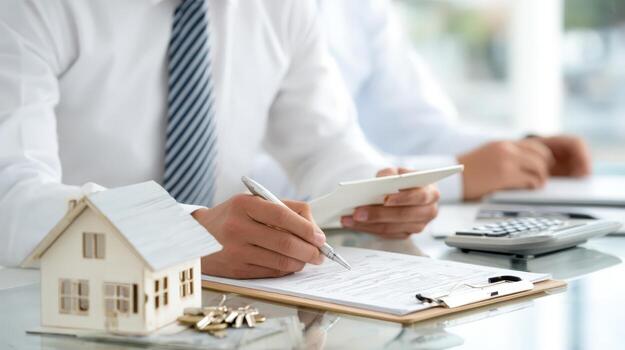 Real Estate Agent Completes Property Purchase Agreement with Client, Offering Keys to New Home photo