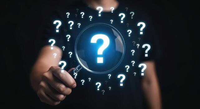 pregunta marca aumentador vaso persona sostiene lente revelador consulta, exploración, y problema resolviendo conceptos foto