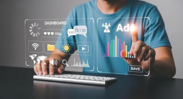 hombre interactuando con digital tablero mostrando datos analítica y negocio inteligencia, destacando interactivo tecnología y futuro tendencias foto