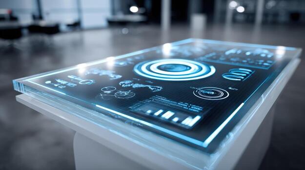 Interactive Digital Table Displaying Data Analytics and Information Graphics for Business Presentations and Modern Technology photo