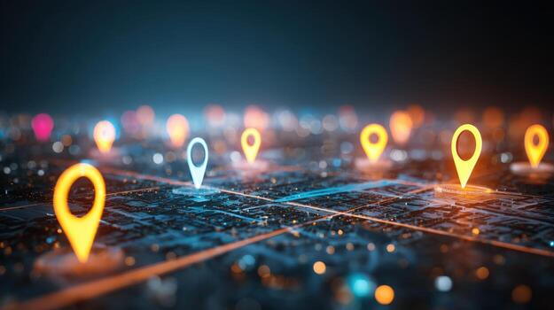 Digital Navigation Concept Abstract Map with Glowing Location Pins for Global Positioning System photo