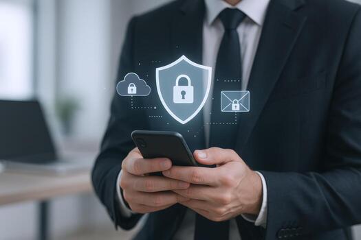 Man in Suit Securing Data on Mobile Device with Cloud and Cyber Security Protection photo
