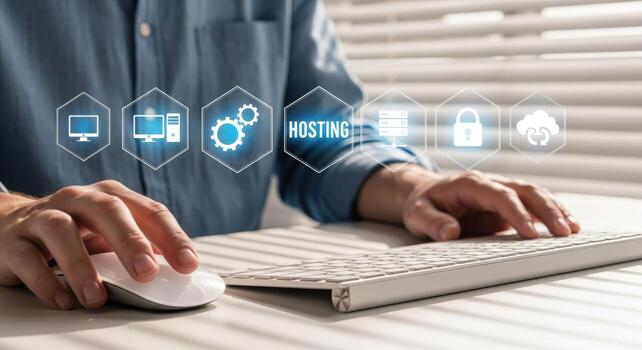 Hands on Keyboard Navigating Digital Hosting Services, Business Technology and Cloud Solutions Concept photo