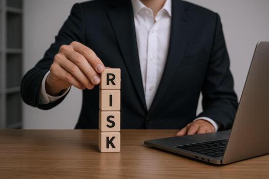 Business professional stacking wooden blocks spelling RISK with laptop on the table, symbolizing assessment and management photo