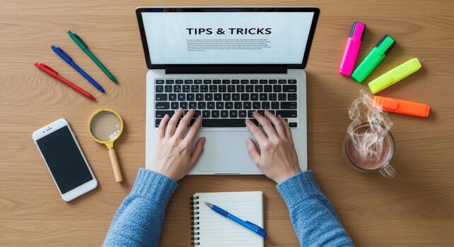 Overhead View of Hands Typing on Laptop with Tips and Tricks Displayed on Screen photo