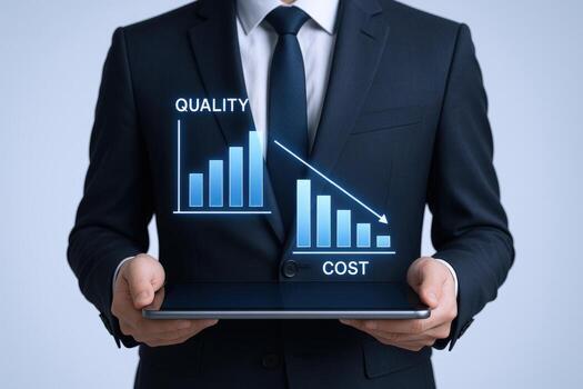 Quality Improvement Visualization Businessman Holding Tablet Displaying Quality Growth and Cost Reduction Charts photo