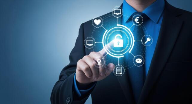 empresario asegurando datos con holograma tecnología y futurista interfaz, ilustrando la seguridad cibernética soluciones y digital proteccion foto
