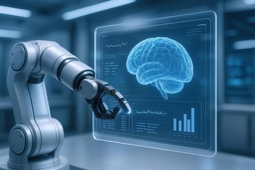 Robotic Arm Interacting with Brain Interface Artificial Intelligence, Neural Networks, and Futuristic Technology photo