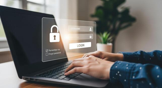 seguro en línea iniciar sesión un persona mecanografía en ordenador portátil con datos proteccion interfaz cubrir foto