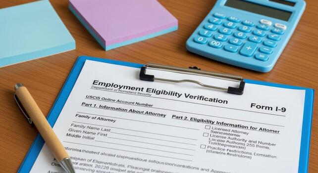 Employment Eligibility Verification Form I-9 with Calculator and Pen on Wooden Desk for Business Administration photo