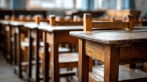 Classroom Interior with Rows of Empty Wooden Desks and Chairs Awaiting Students photo