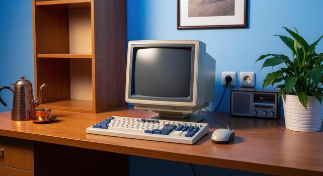 Vintage Computer Setup on Wooden Desk with Coffee and Plant, Nostalgic Office Scene photo